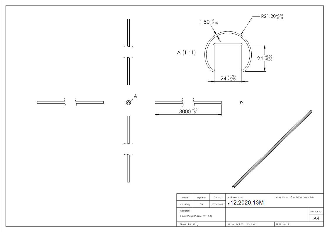 Nutrohr | Ø 42,4x1,5 mm | mit Nut: 24x24 mm | Länge: 3000 mm | V4A