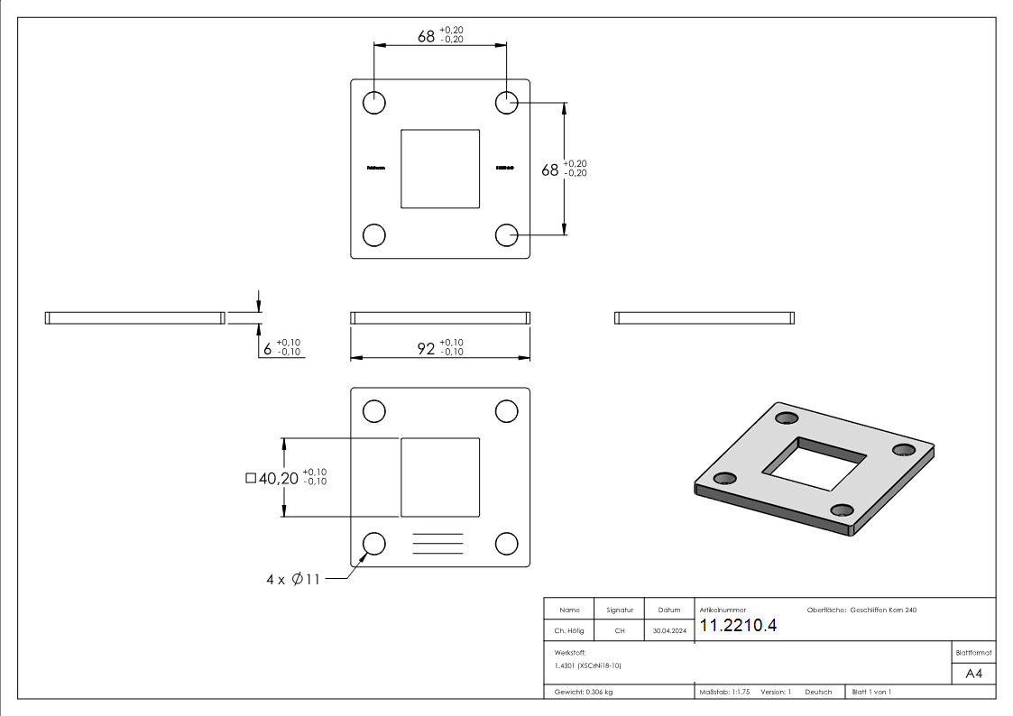 Ankerplatte | Maße: 92 x 92 x 6 mm | mit Zentrierbohrung: 40,2 x 40,2 mm | V2A