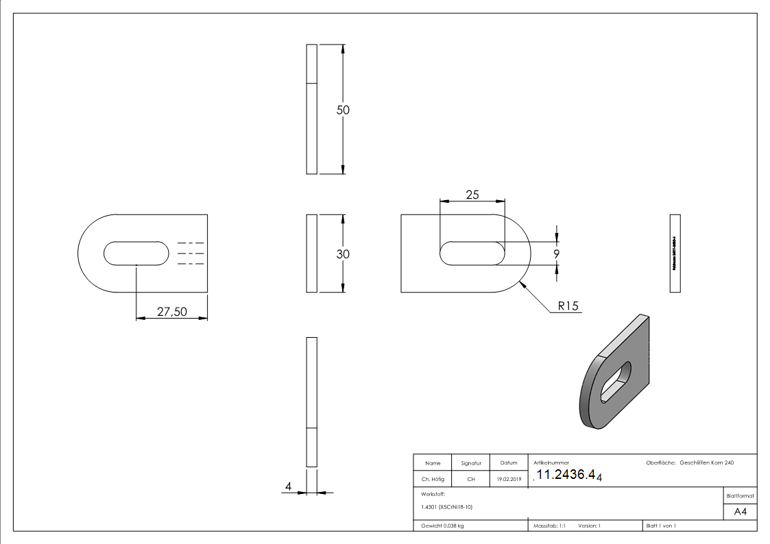 Anschweißlasche | Maße: 50x30x4 mm | mit Langloch: Ø 25x9 mm | V2A