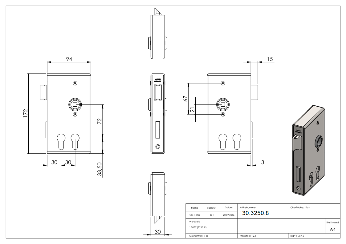 Schlosskasten | für 2 Profilzylinder | Maße: 30x94x172 mm | Stahl S235JR, roh