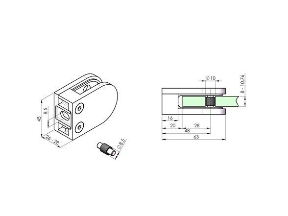 Glasklemme 63x45x28 mm V2A für Anschluss flach | Gummi 8,00 mm Glas