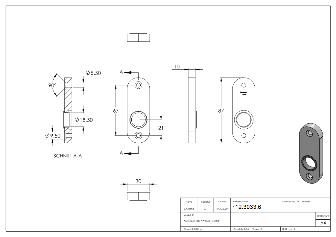 Alu-Kurzschild | Maße: 30x87x10 mm | Aluminium EV1