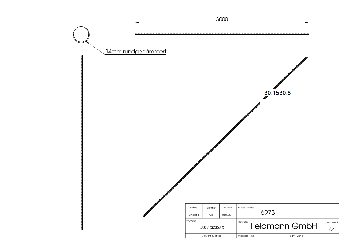 Rundeisen spindelförmig geschmiedet Ø 14 mm Länge: 3000 mm Stahl (Roh) S235JR