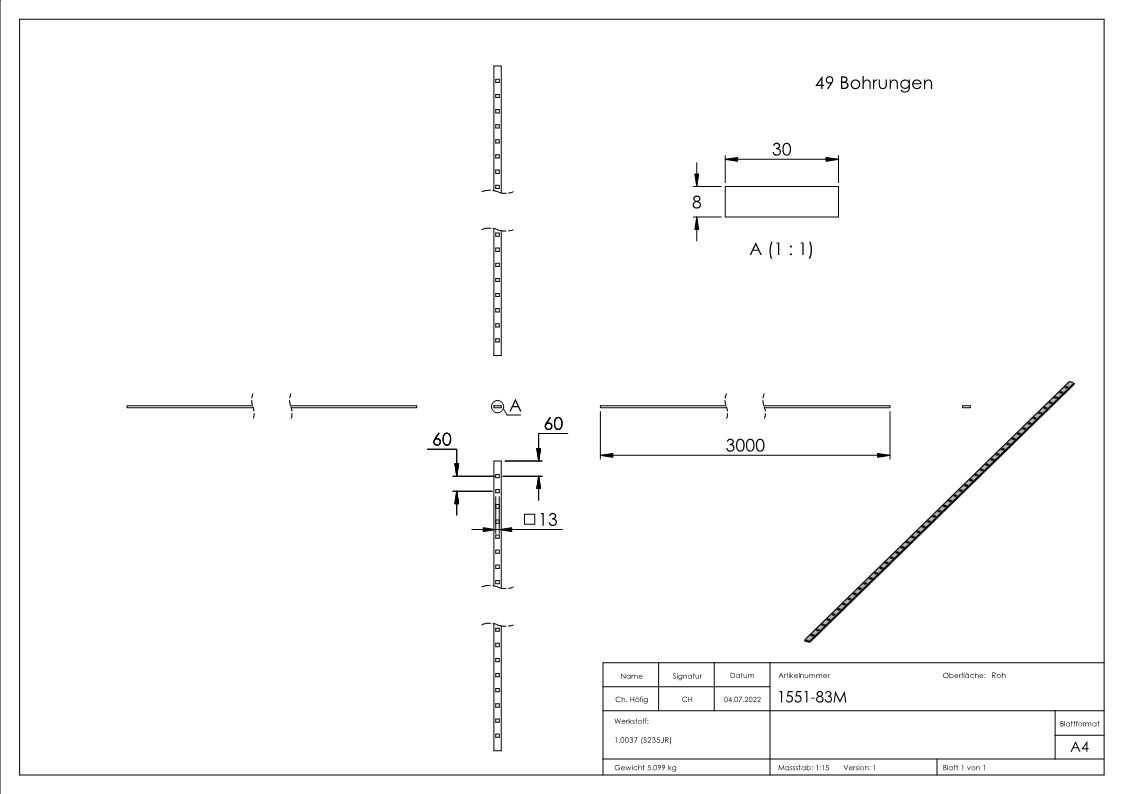 Gestanzte Stange | Maße: 25x8 mm | Länge: 3000 mm | Stahl S235JR, roh