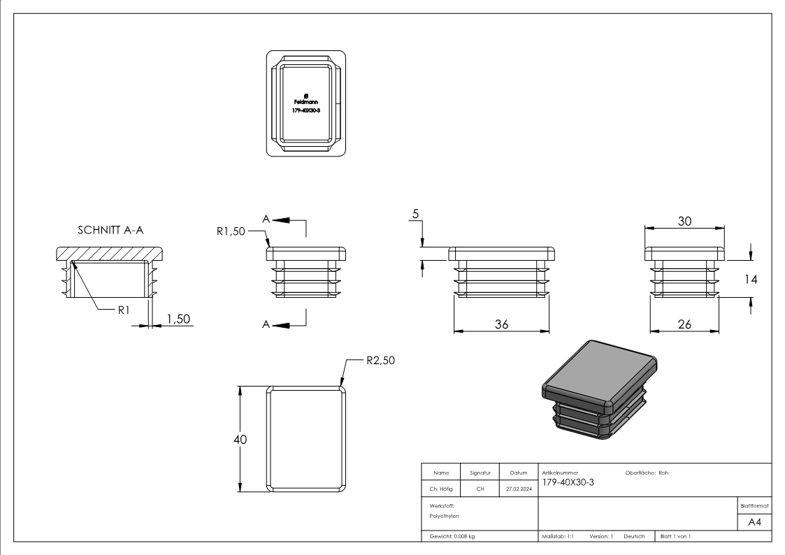 Kunststoffkappe für Rechteckrohr 40x30mm