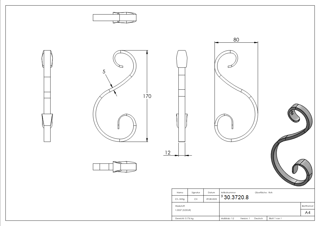 S-Schnecke | Maße: 170x80 mm | Material: 12x5 mm | Stahl S235JR, roh