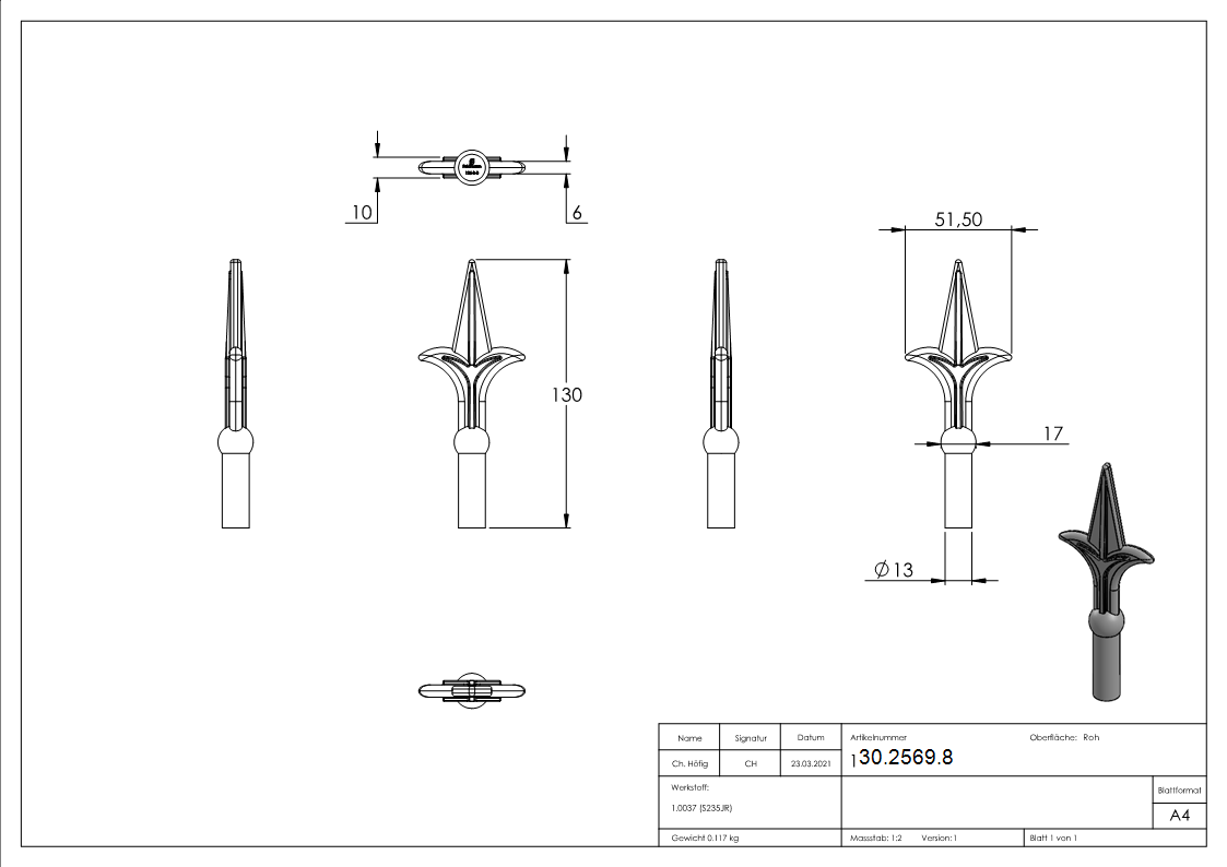 Zaunspitze | Höhe: 130 mm | Material: Ø 13 mm | Stahl S235JR, roh