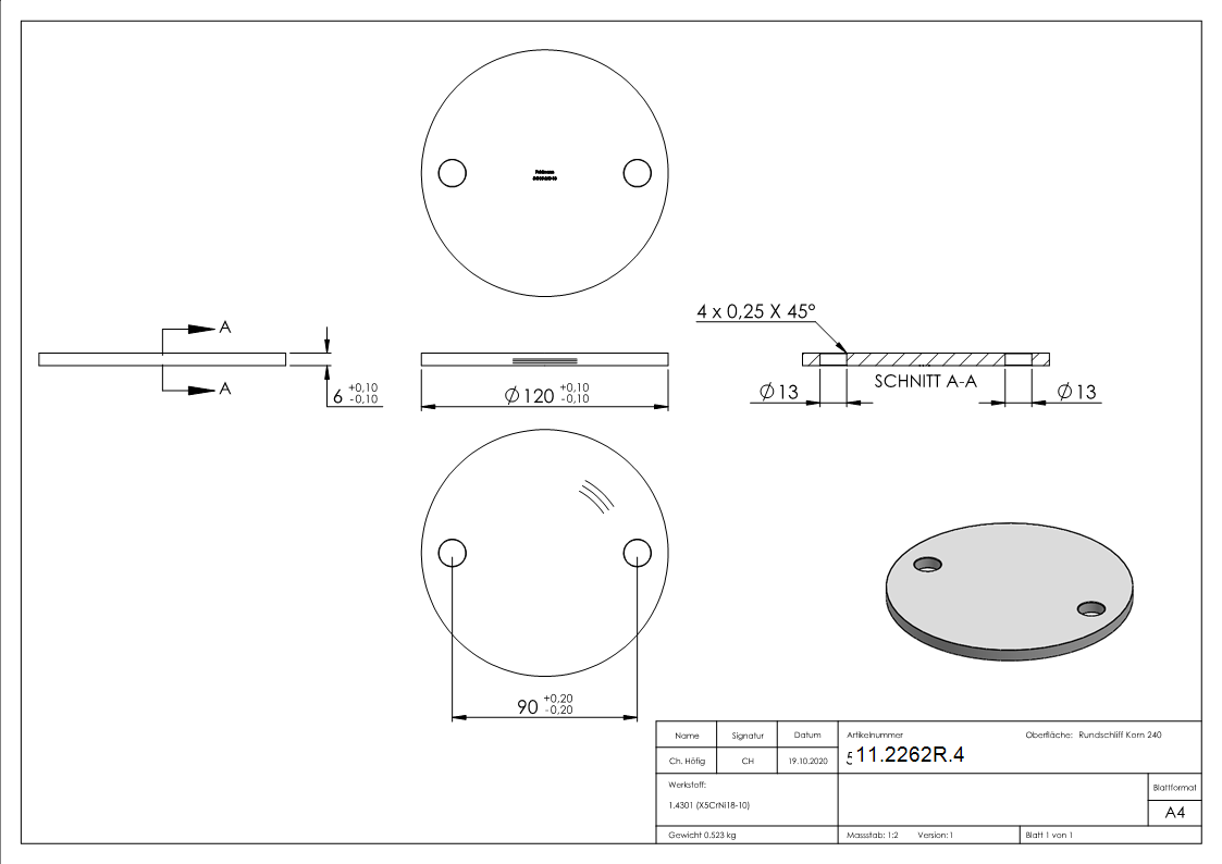 Ankerplatte | Ø 120 x 6 mm | mit 2 Bohrungen á Ø 13 mm | V2A