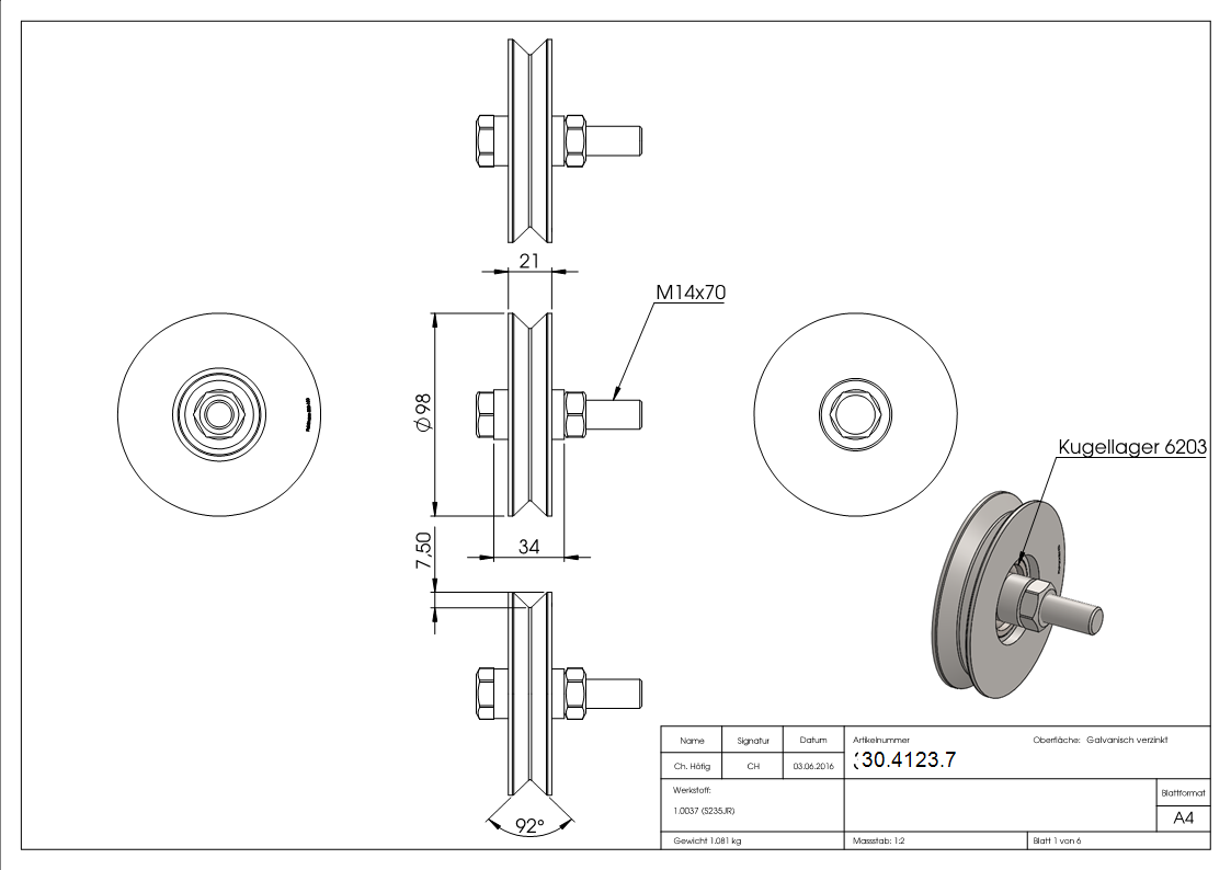 Schiebetorrolle | Ø 98 mm | V-Rille | Stahl S235JR, verzinkt