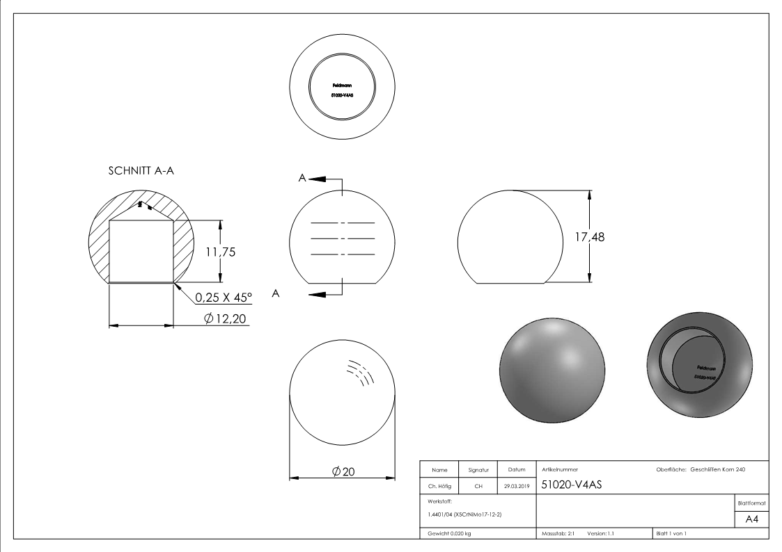 Kugel Ø 20 mm mit Sackloch 12,2 mm V4A Vollmaterial