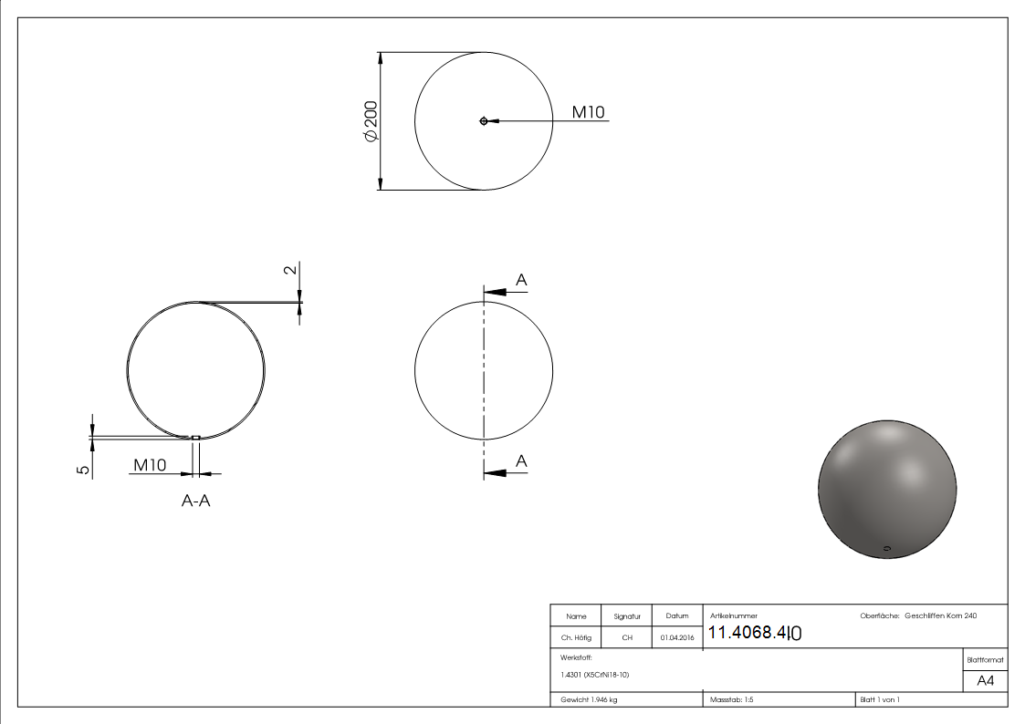 Hohlkugel Ø 200 mm mit Gewinde M10 V2A