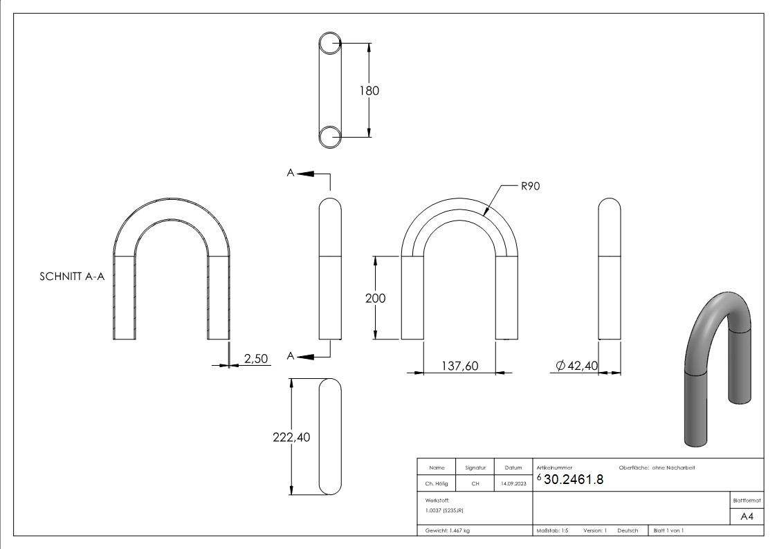 Stahl Rohrbogen | 180° | 42,4x2,5 mm | Stahl S235JR, roh