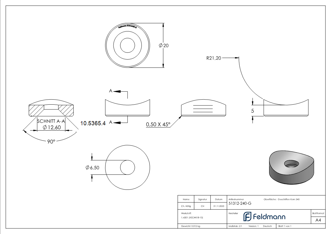 Ausgleichsstück | für Anschluss: Ø 42,4 mm | Außen-Ø: 20 mm | V2A