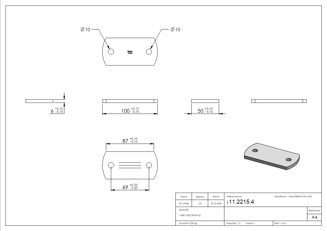 Ankerplatte | Maße: 100 x 50 x 6 mm | mit 2 Bohrungen á Ø 10 mm | V2A