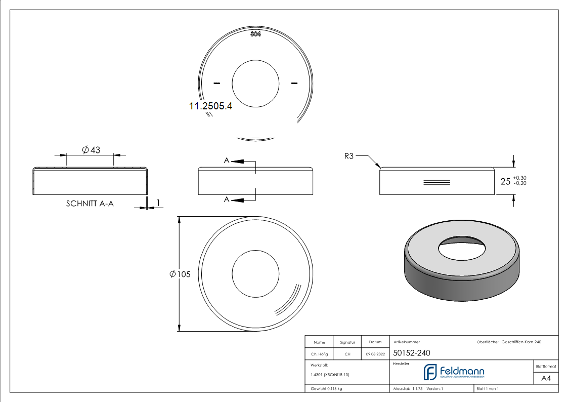 Abdeckrosette Ø 105x25 mm für Rundrohr: Ø 42,4 mm V2A