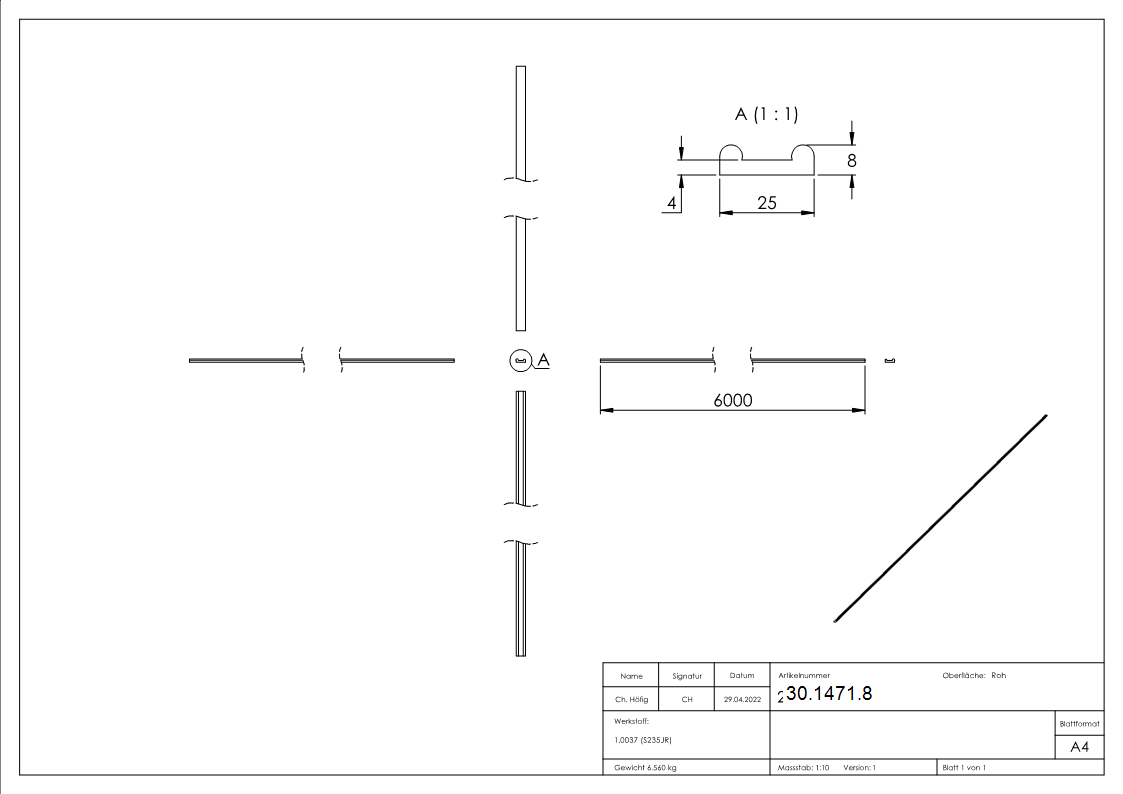 Hespeneisen | Länge: 6000 mm | Material: 25x8x4 mm | Stahl (Roh) S235JR