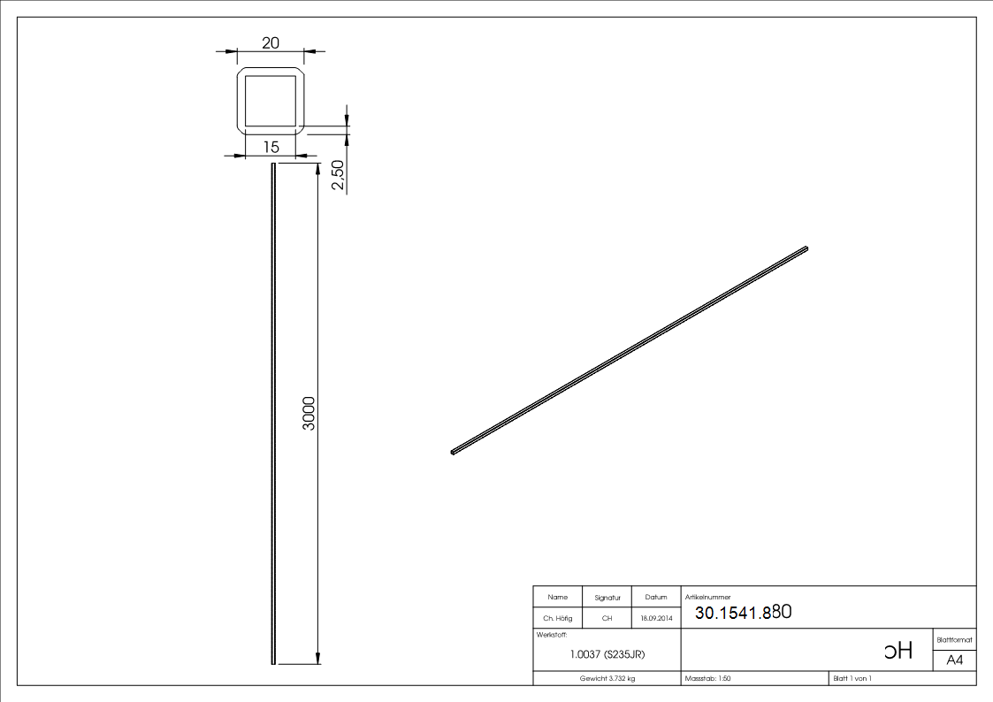 Quadratrohr | gehämmert | Maße: 20x20x02 mm | Länge: 3000 mm | Stahl S235JR, roh