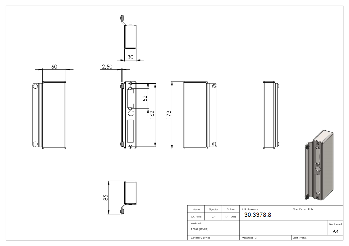 Gegenkasten | Maße: 30x60x173 mm | Stahl (Roh) S235JR