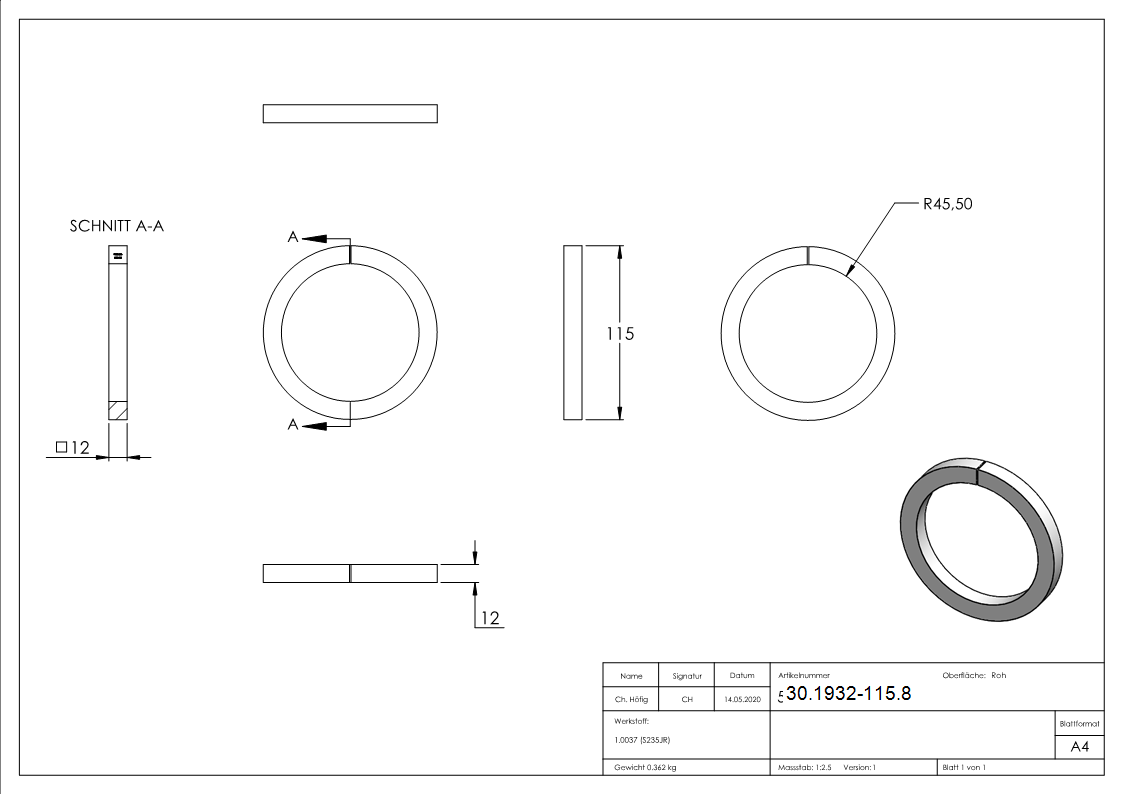 Ring | Material: 12x12 mm | Außen-Ø 115 mm | Stahl S235JR, roh