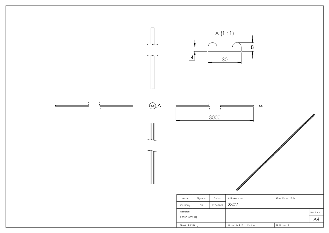 Hespeneisen | Material: 30x8x4 mm | Länge: 3000 mm | Stahl (Roh) S235JR