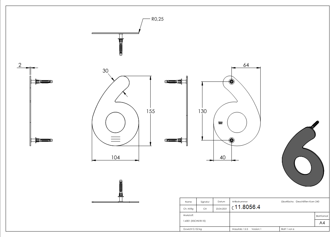 Hausnummer 6 | klein | Maße: 110 mm x 150 mm | V2A