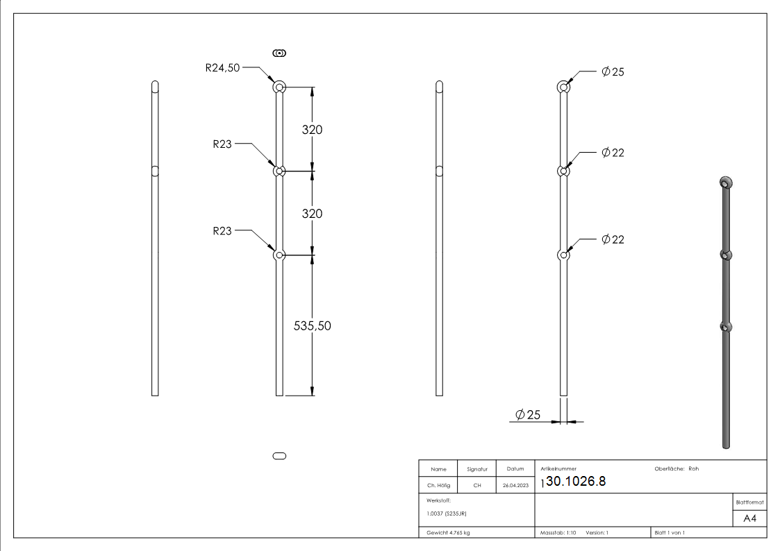 Anfangsstab | Pfosten | Länge: 1200 mm | Material: Ø 25 mm | Stahl S235JR, roh