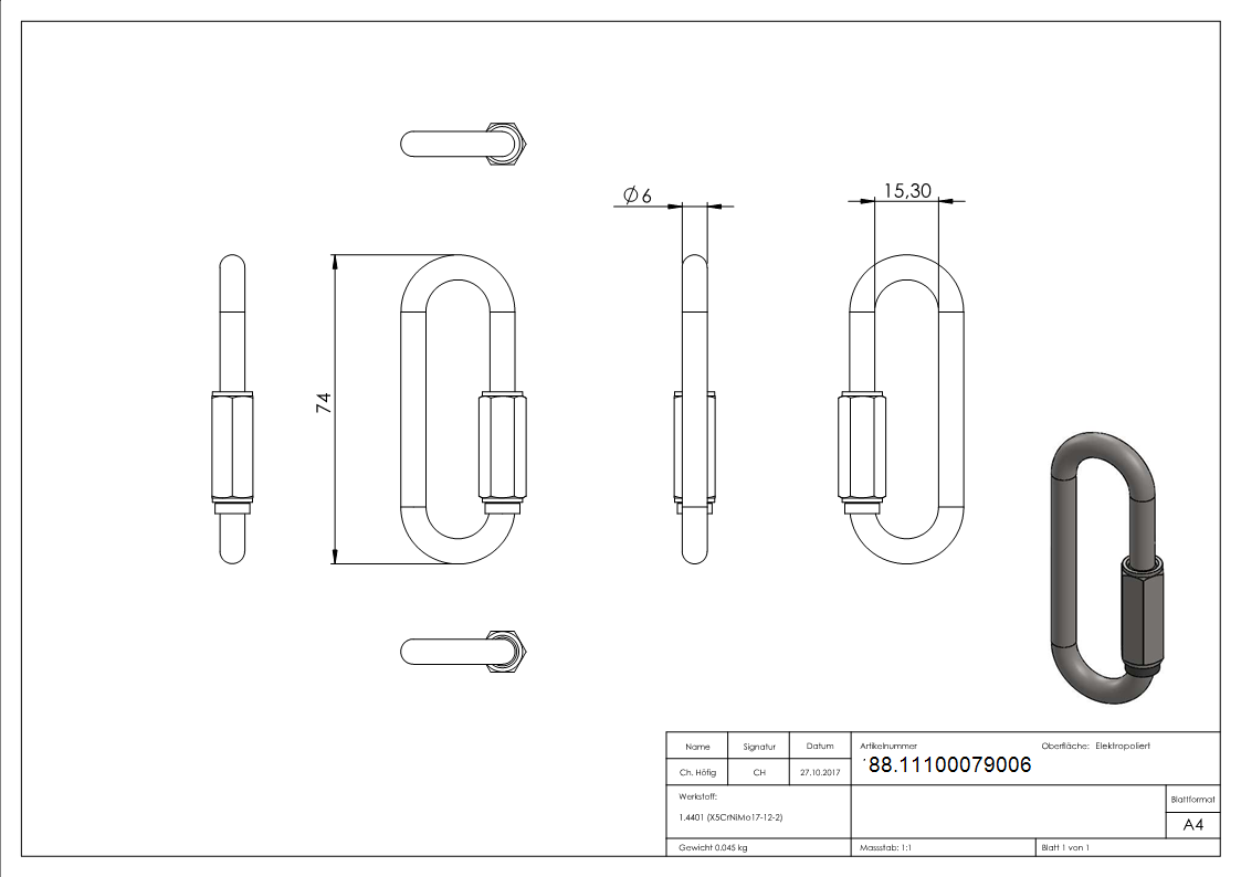 Schraubverbinder lang, 6mm, V4A