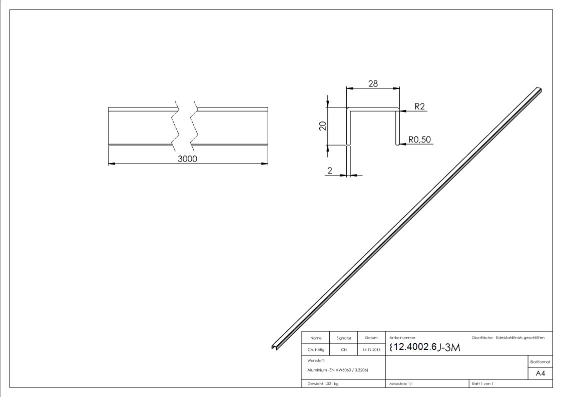 U-Profil | Maße: 28x20x2 mm | Länge: 3000 mm | Aluminium elox. E4/EV1