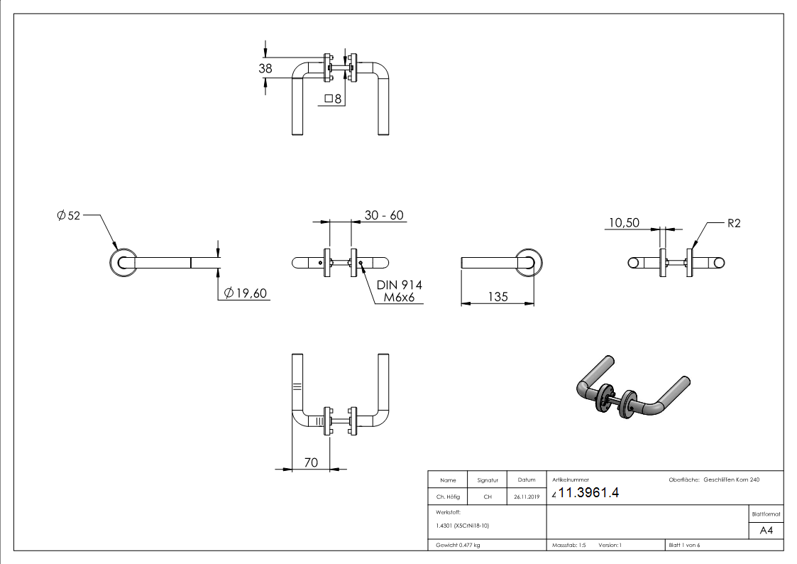 Türdrückerpaar V2A  inkl. 8 mm Drückerstift mit Abdeckrosette