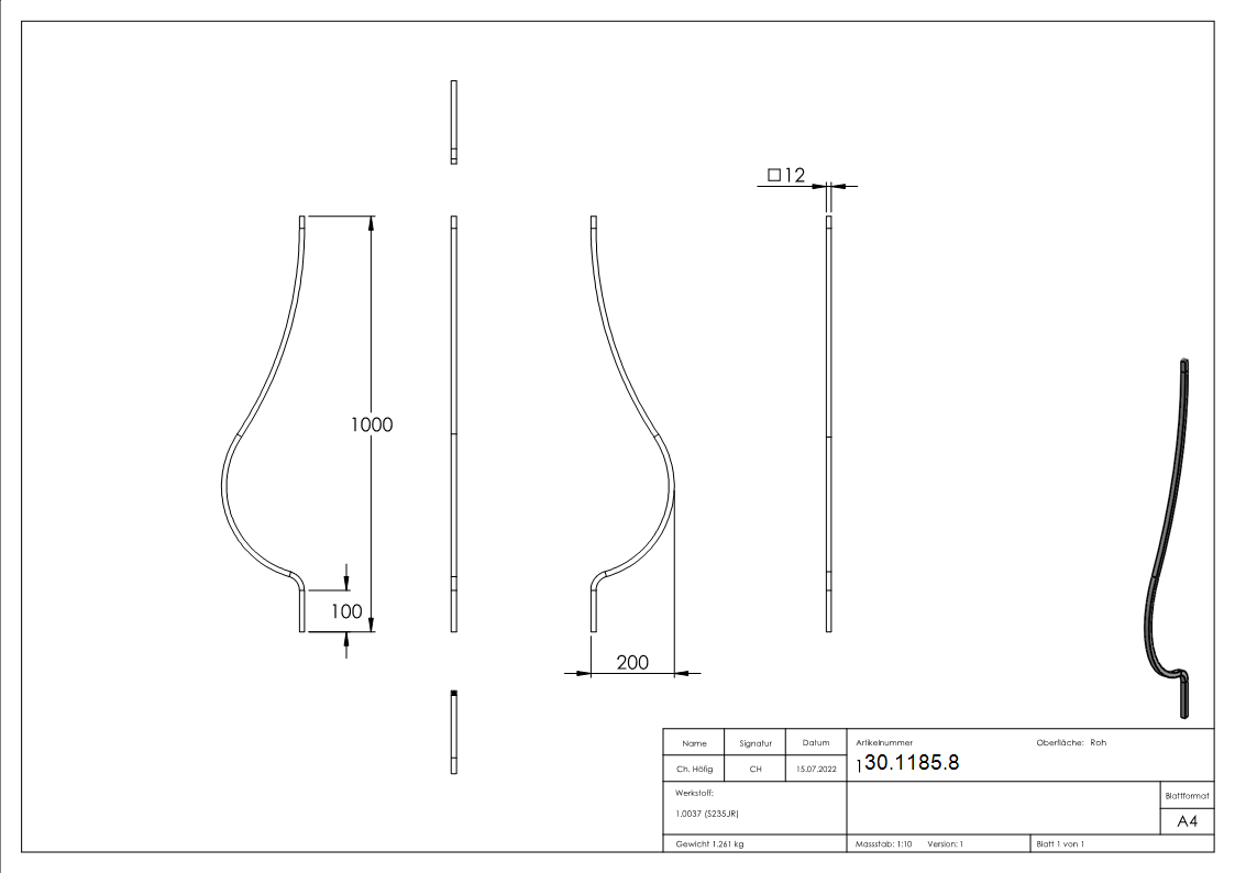 Bauchstab | Länge: 1000 mm | Material: 12x12 mm | Stahl S235JR, roh