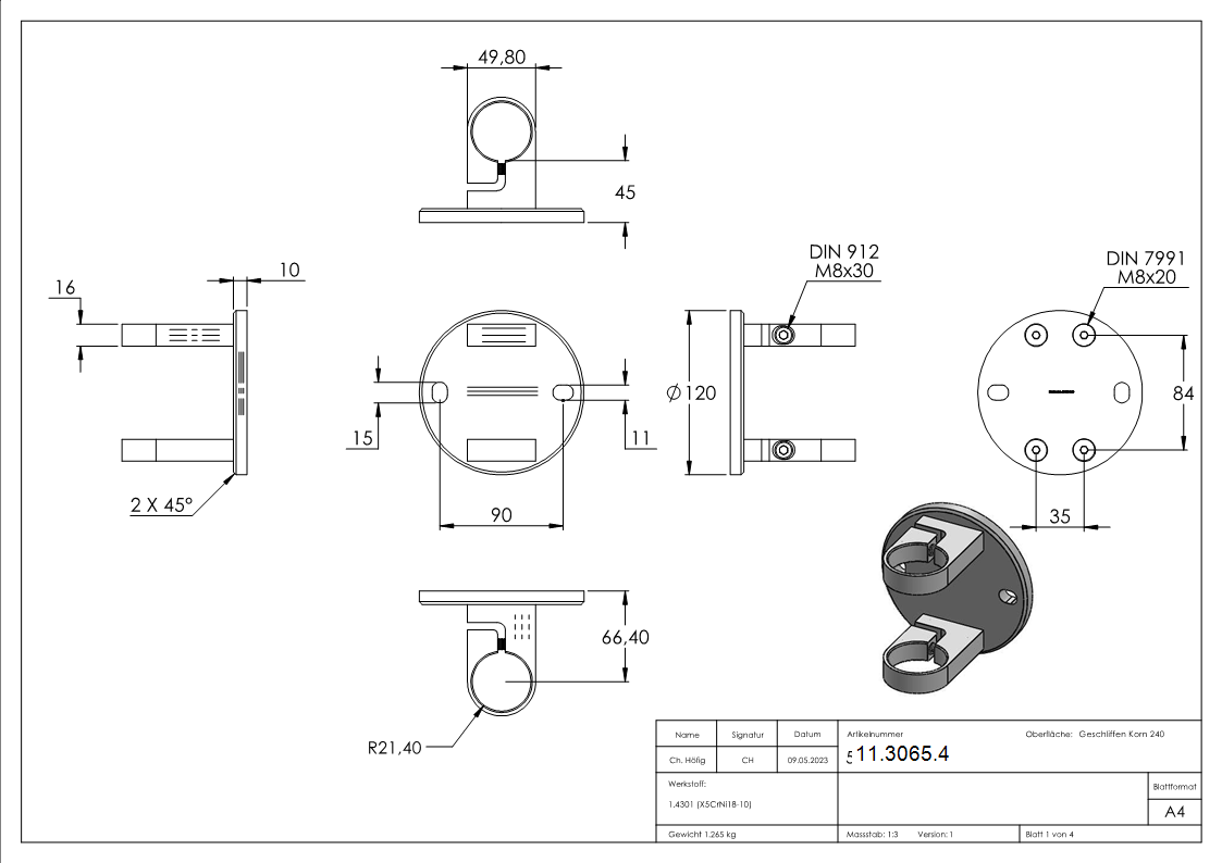 Wandbefestigung 120x10 mm zum Spannen für Rundrohr Ø 42,4 mm V2A