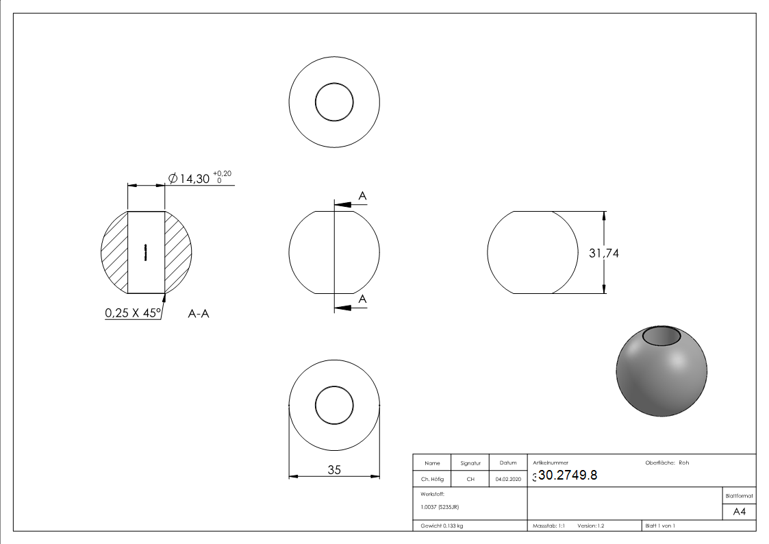 Kugel Ø 35 mm | mit Durchgangsbohrung 14,2 mm | Stahl S235JR, roh