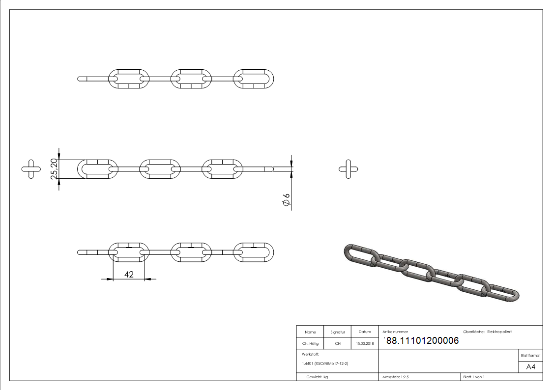 VA-Kette DIN 763, Ø 6mm