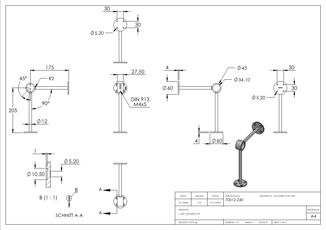 Fußlaufstütze für Ø 33,7 mm V2A