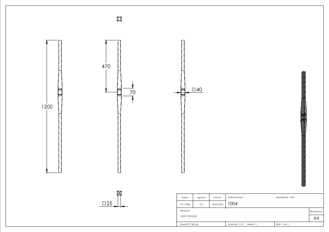 Anfangsstab | Länge: 1200 mm | Material: 25x25 mm | Stahl S235JR, roh