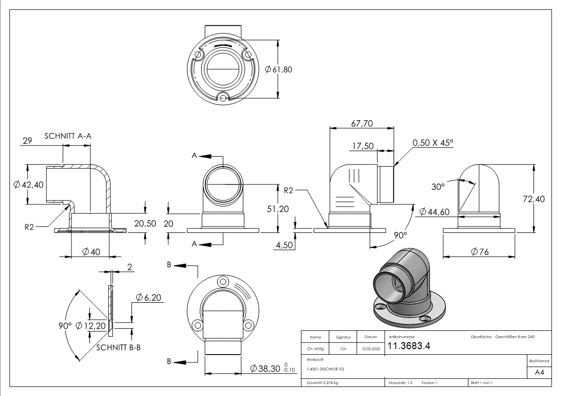 Wandhalterung 90° kurz, für Rundrohr Ø 42,4x2,0 mm V2A