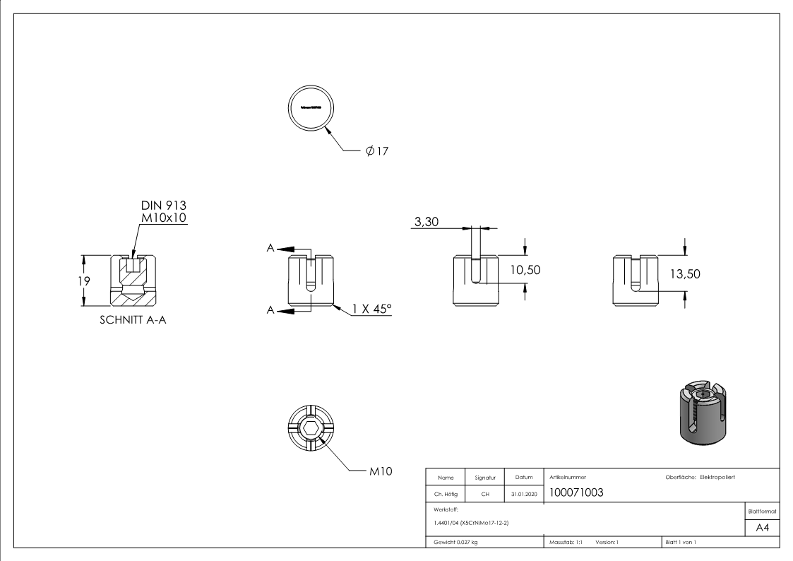 Kreuzklemme für Seil Ø 3mm, V4A