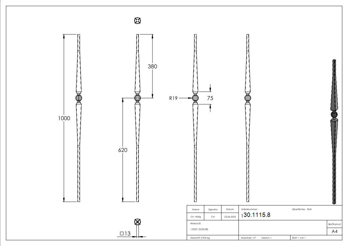 Zierstab | Länge: 900 mm | Material: 13x13 mm gehämmert | Stahl S235JR, roh