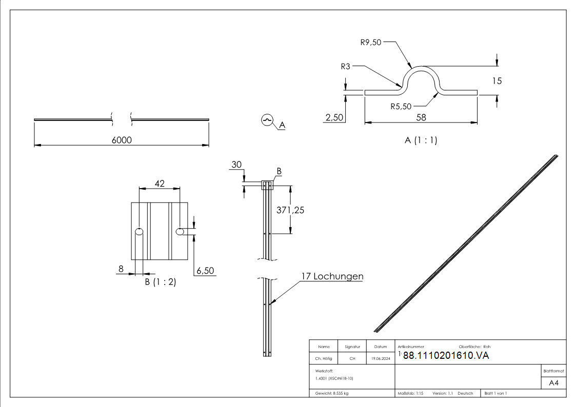 Laufschiene zum Aufschrauben, Länge: 6000mm, V2A