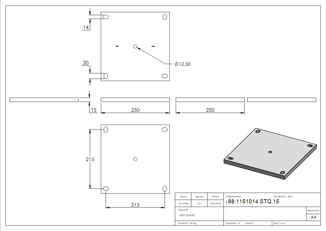 Ankerplatte 250 x 250 x 15 mm 4 Bohrungen |  Stahl roh