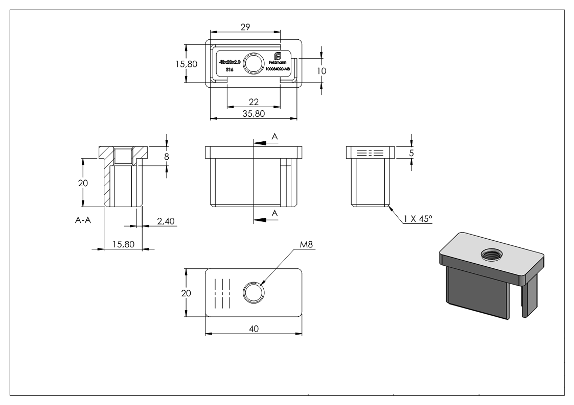 Einsteckkappe, für Rohr 40 x 20 x 2,0mm, mit Gewinde M8, V4A