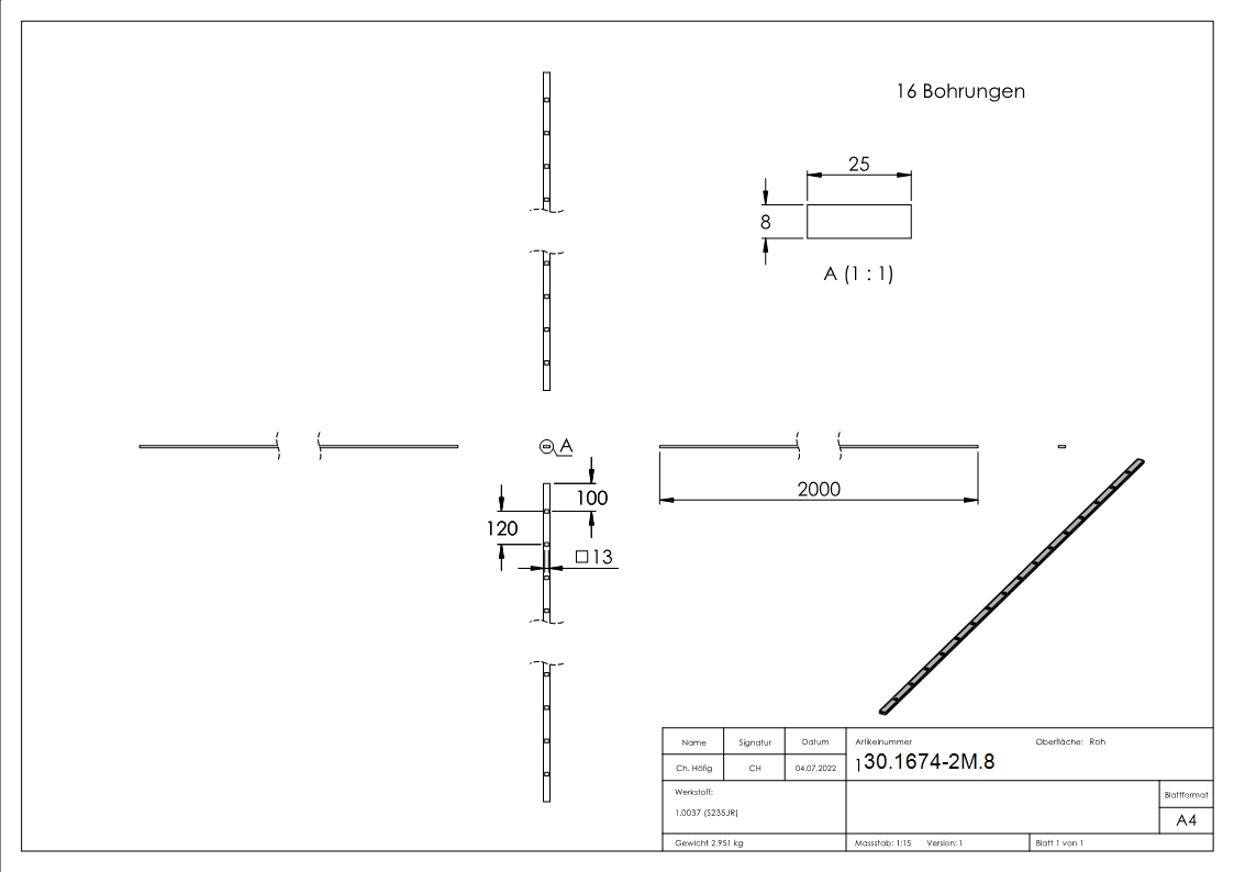 Flacheisen gelocht | Länge: 2000 mm | 16 Lochungen | Stahl (Roh) S235JR