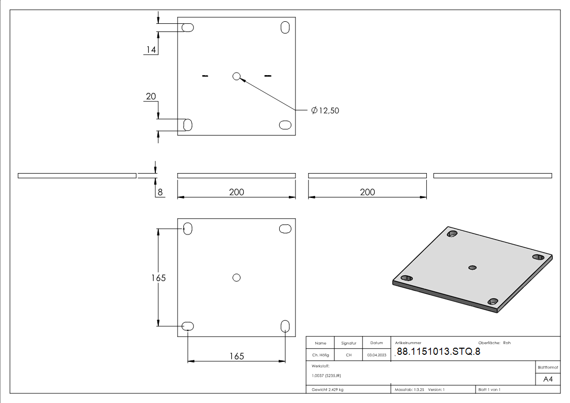 Ankerplatte 200 x 200 x 8 mm 5 Bohrungen |  Stahl roh