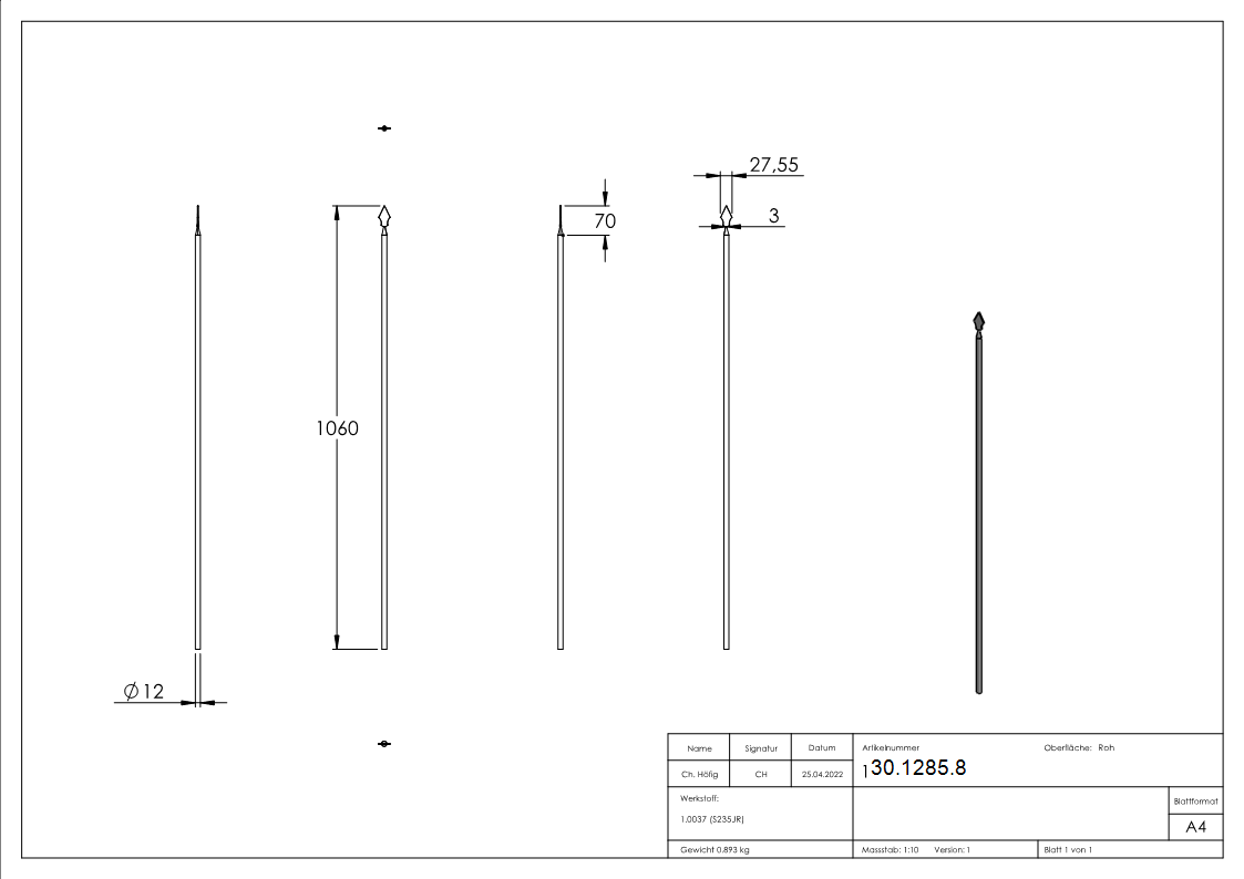 Zaunstab | Länge: 1060 mm | Material Ø 12 mm + Spitze | Stahl S235JR, roh