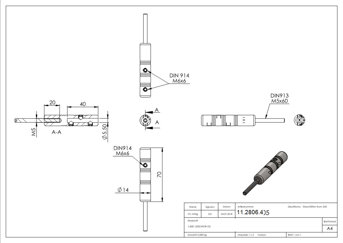 Gewindeterminal zur Selbstmontage | Für Seil: Ø 5 mm | mit Außengewinde | V2A