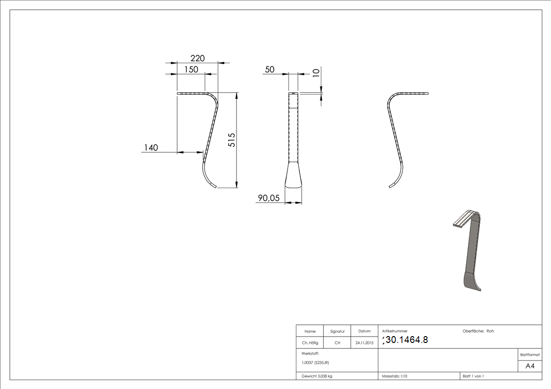 Handlauf-Endstück | Material: 50x10 mm | gehämmert | Stahl (Roh) S235JR