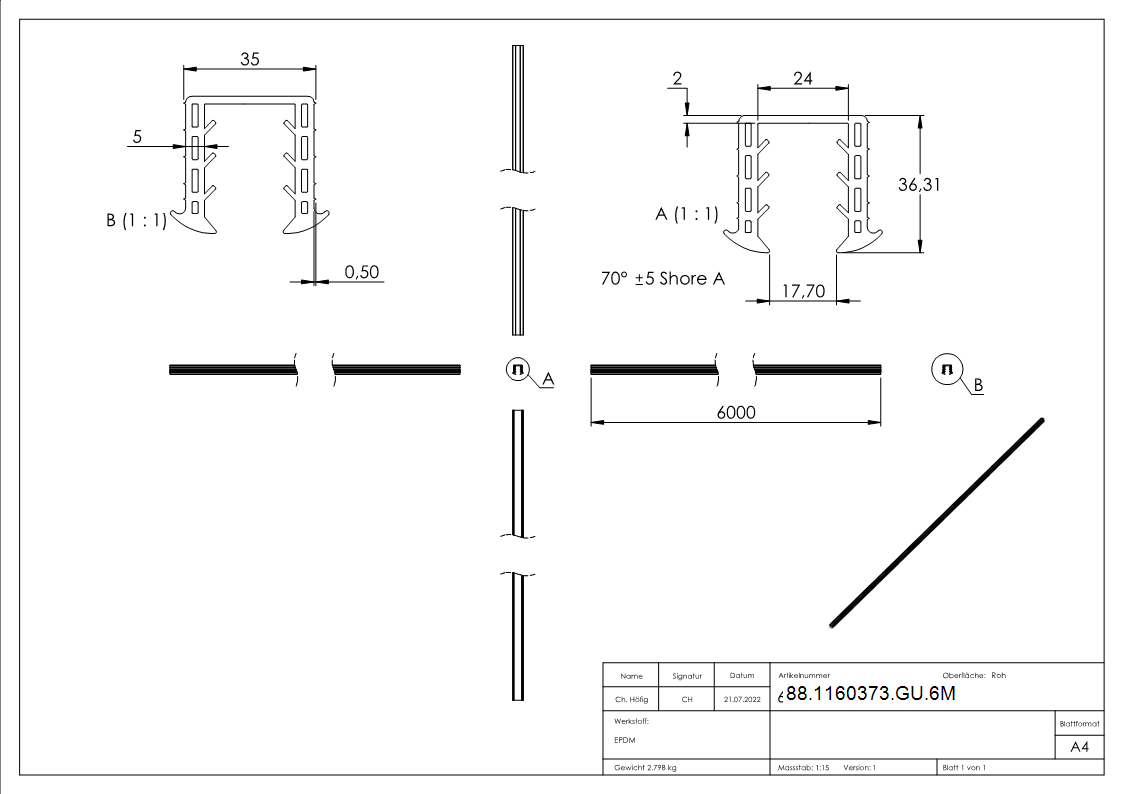 Keildichtung Glas 20,76 – 21,52mm, für Nut 34 x 34mm, Länge 6m, EPDM