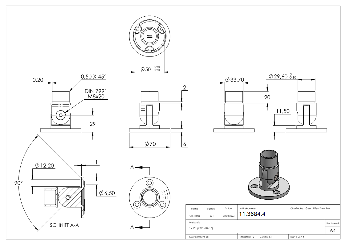 Wandhalterung flexibel, für Rundrohr Ø 33,7x2,0 mm V2A