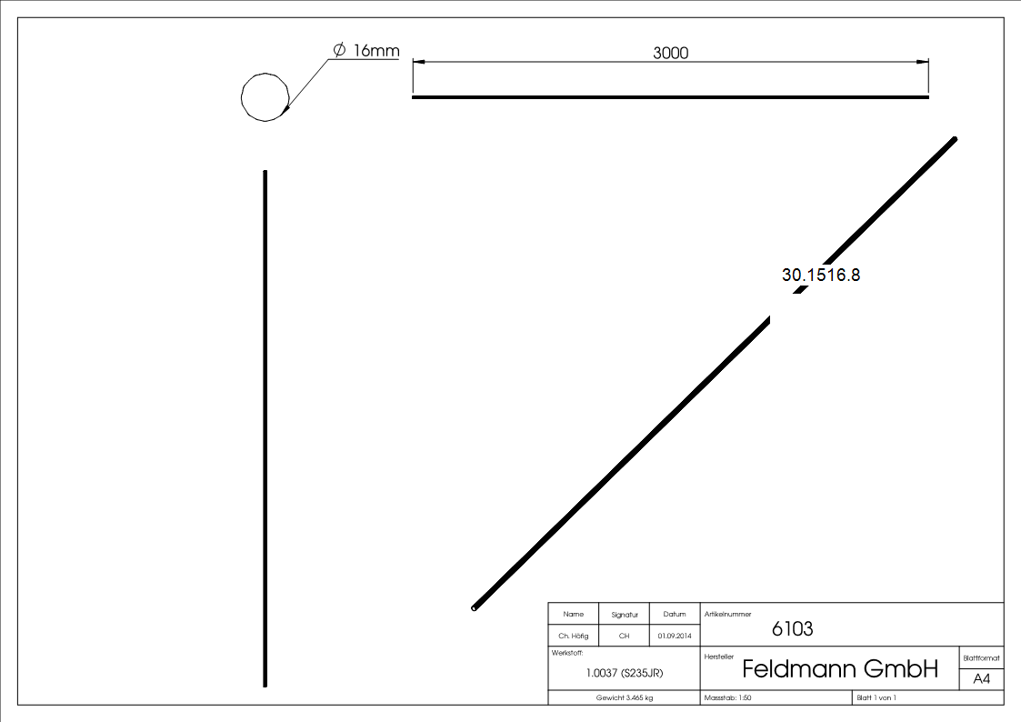 Rundeisen geschmiedet Ø 16 mm Länge: 3000 mm Stahl (Roh) S235JR