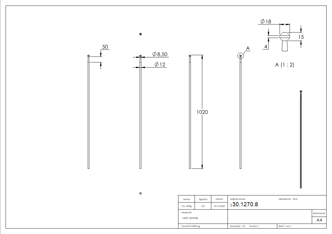 Zaunstab | Länge: 1020 mm | Material Ø 12 mm | Stahl S235JR, roh